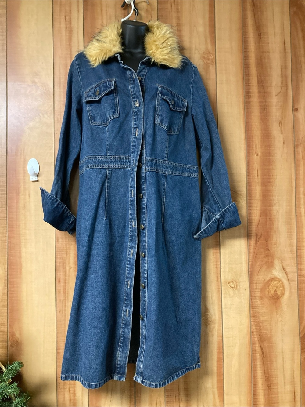 Y2K Vtg 90s penny lane Denim Long Coat with Faux Fur Collar - Blue woman’s Sz lr